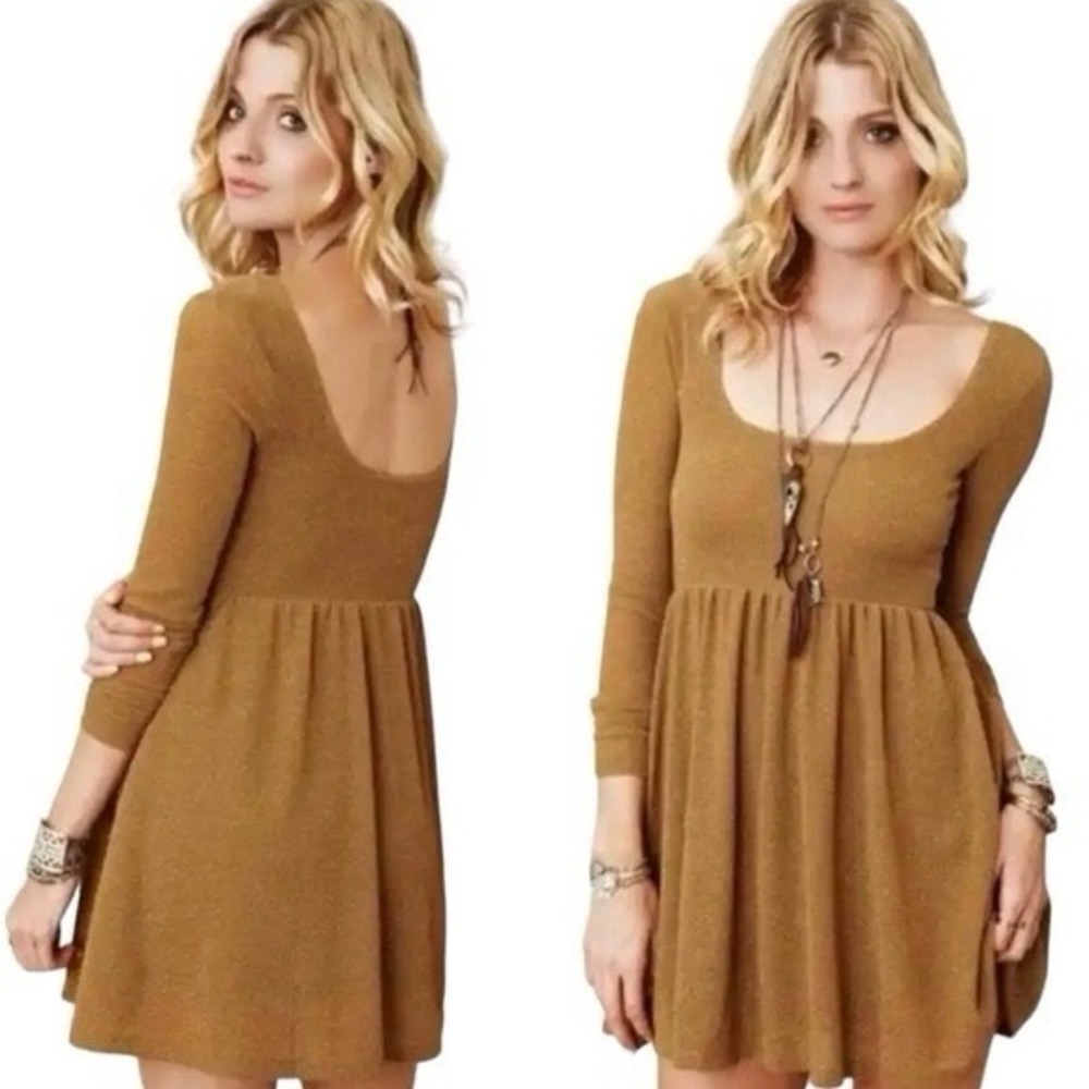 Free People Gold Metallic Glitter Pleated Long Sleeve Skater Mini Dress Size XS